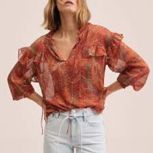 NWT MANGO Orange Paisley Print Boho Bohemian Flowy Blouse Top - Size XS / US 2